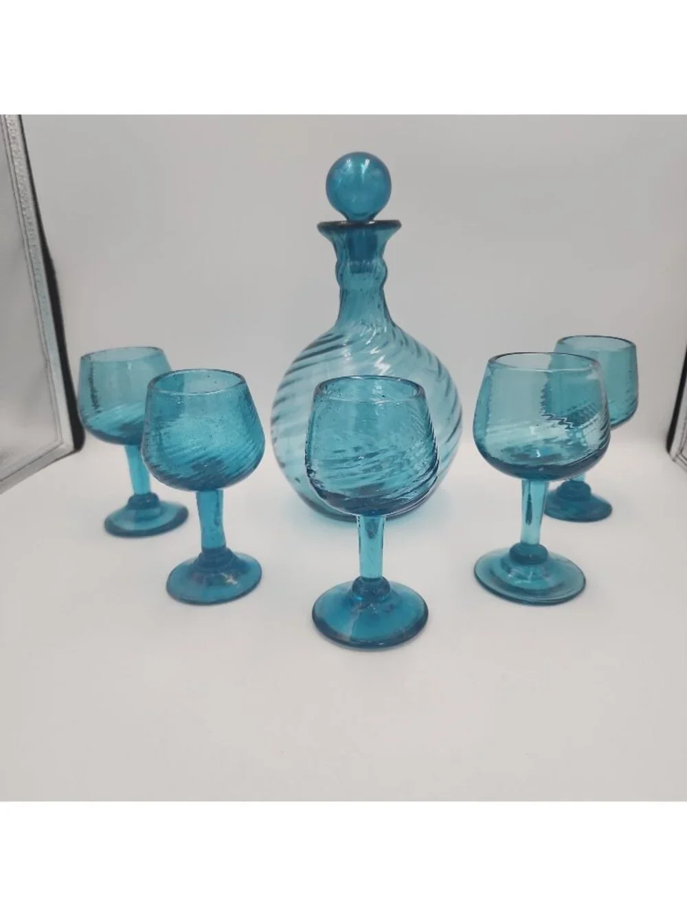 DECANTER SET Handblown Torquise Blue Glass 5 Stemmed Glasses 1970s